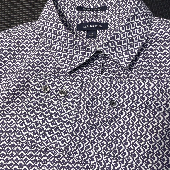 Lands End No Iron Supima Blue White Woman’s 12 Long Sleeve Blouse Button Up - Picture 4 of 6